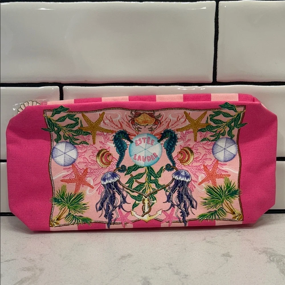 Estee Lauder Vibrant Pink Seahorse Coastal Beach Multicolor Cosmetic Bag NWOT‎